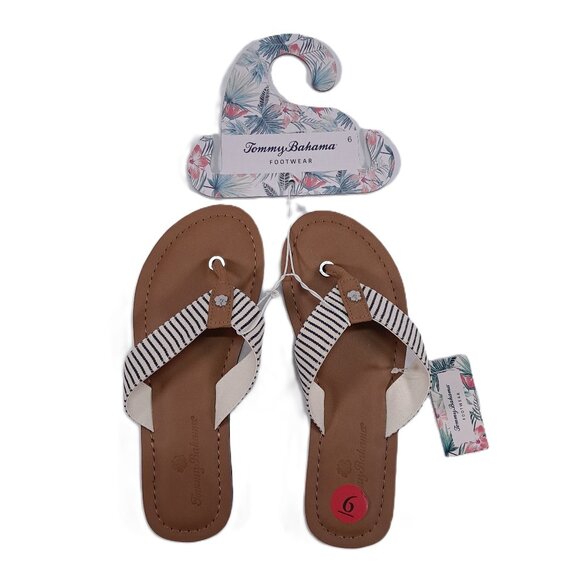 NWT Tommy Bahama Speedwell Sandals Women 6 Tan White with Blue Stripe Flip Flops - Picture 1 of 4